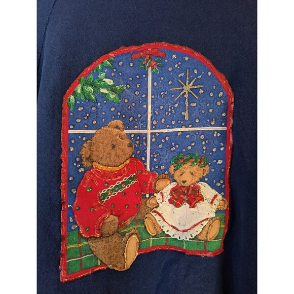 Vtg 80s Teddy Bear Sweatshirt Women's XL Blue Made In USA Art - Picture 3 of 8